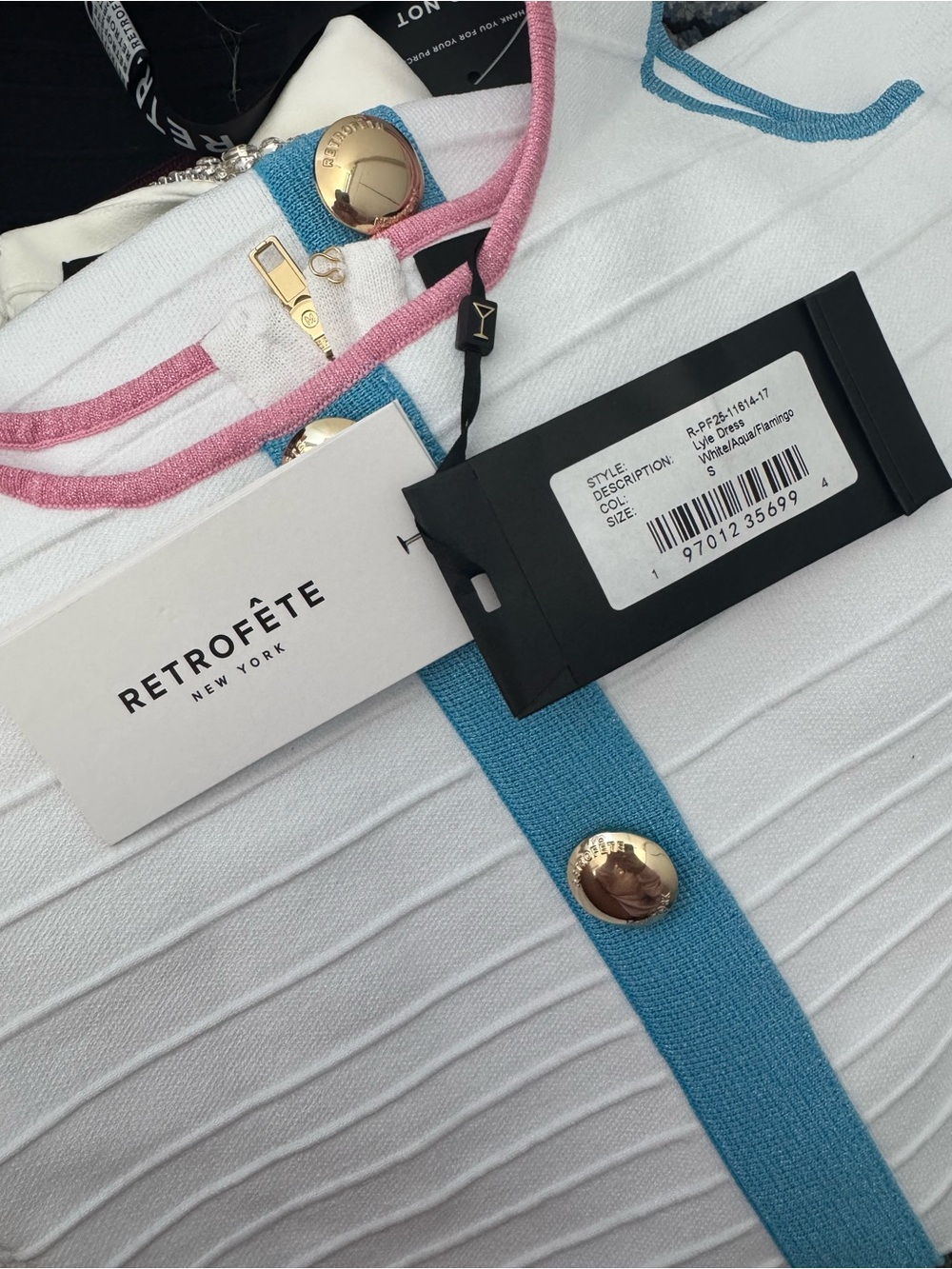 Retrofete White Bandage Knit Dress with Blue Trim and Pink Pocket Accents - Picture 4 of 4